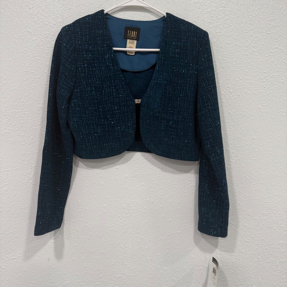 Teddi Evening Teal‎ Blue Glitter Cropped Bolero Jacket Rhinestone Clasp Size 8P